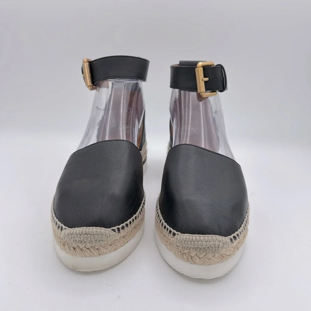 See by Chloe -women’s Glyn Espadrille black leather ankle strap platform shoes 8